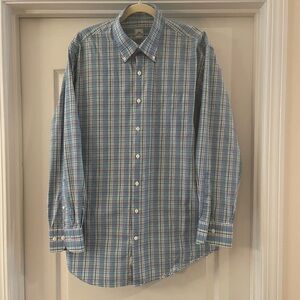 Peter Millar Blue and Green Plaid Button-Down Dress Shirt